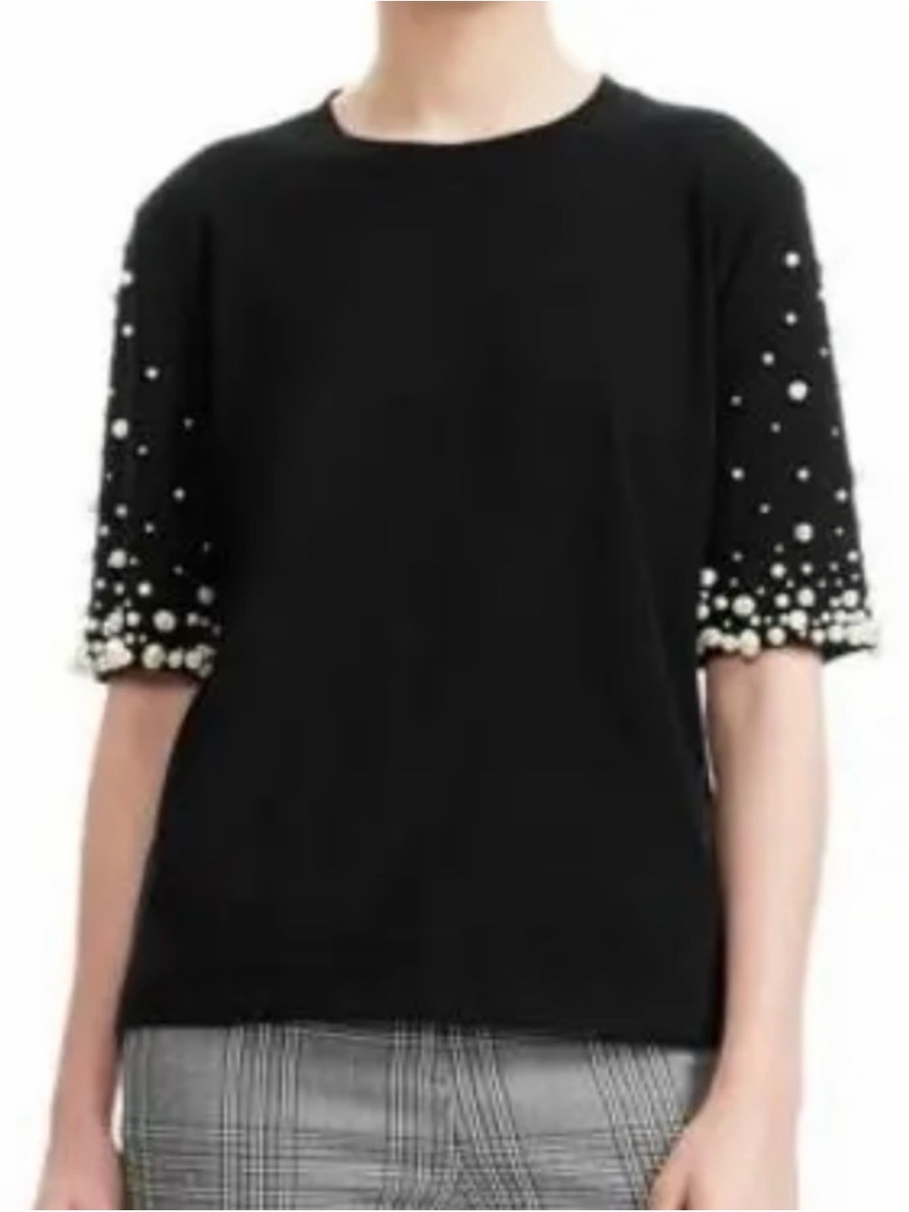 Maje Pearl Sleeve Crew Neck Black Tee Shirt Embellished Blouse Sz 1 XS Goth Chic
